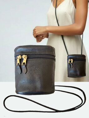 Il Bisonte Black Pebbled Leather- Crossbody Mini Binocular Bag- Zipper Closure